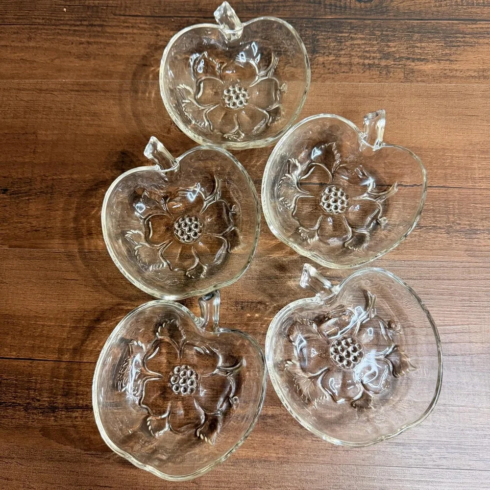 5 VTG Hazel Atlas Apple Blossom Berry Bowls Clear Glass Apple Dessert Bowls